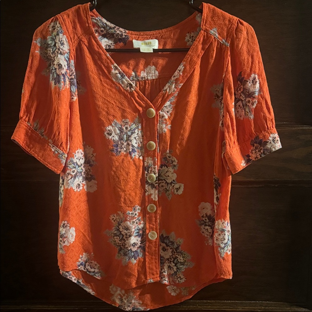 Mauve, Floral Button-Front Women's Top in Orange, Size XS